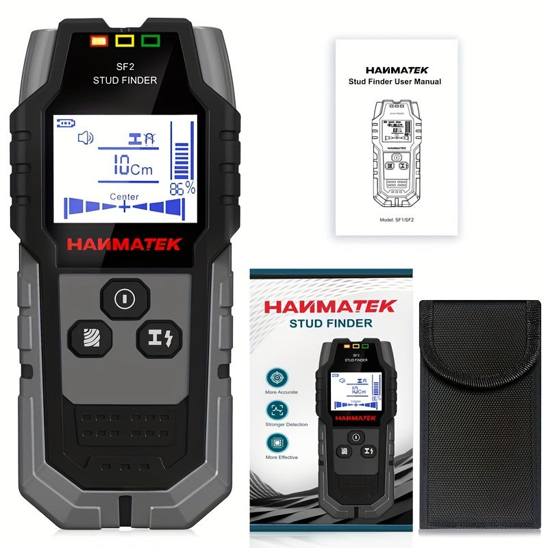 HANMATEK SF2 5-in-1 Handheld Wall Detector detects metal, wood, AC wires and offers electronic measuring. LED/Number display, safe drilling, precise positioning, battery-powered (battery