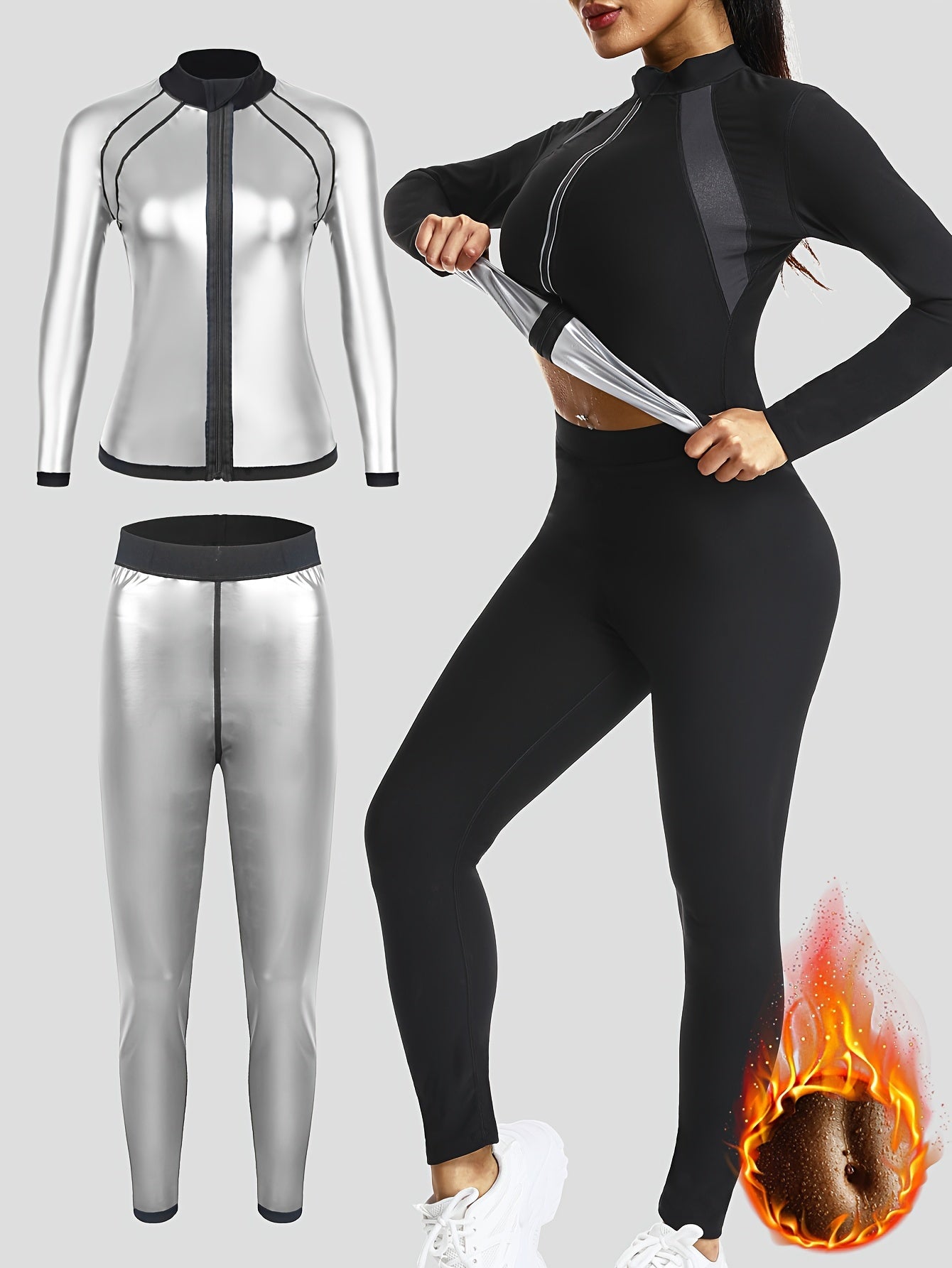 Women's fitness long sleeve pants suit for sauna sports, European and American design. Perfect for yoga and fitness, includes jacket and shorts.