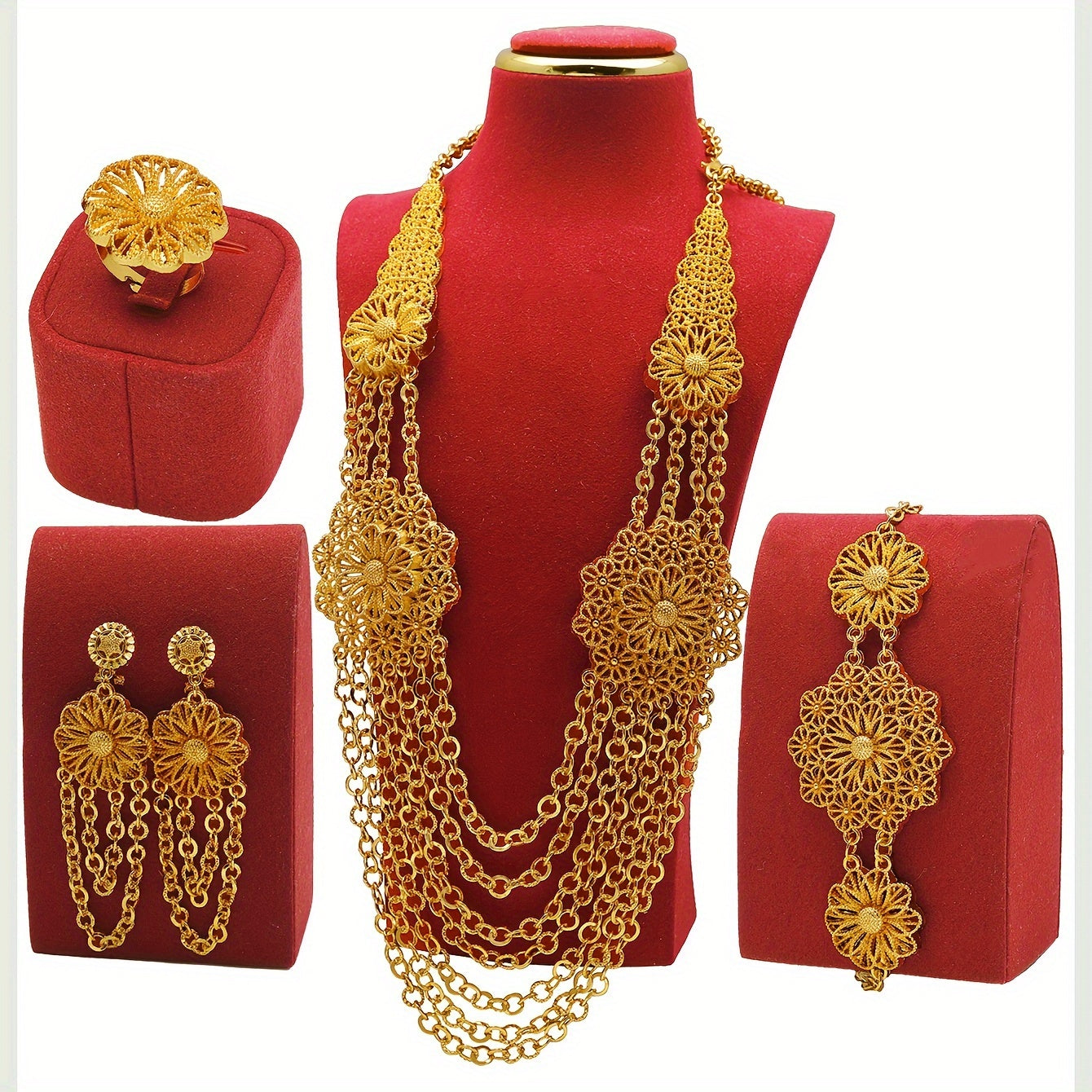 Elegant Middle Eastern Jewelry Set featuring a Vintage Fashion Necklace, Earrings, Ring, and Bracelet. This 4-Piece Set is crafted from Zinc Alloy and is ideal for Parties, Gifts, and can be worn all year round.