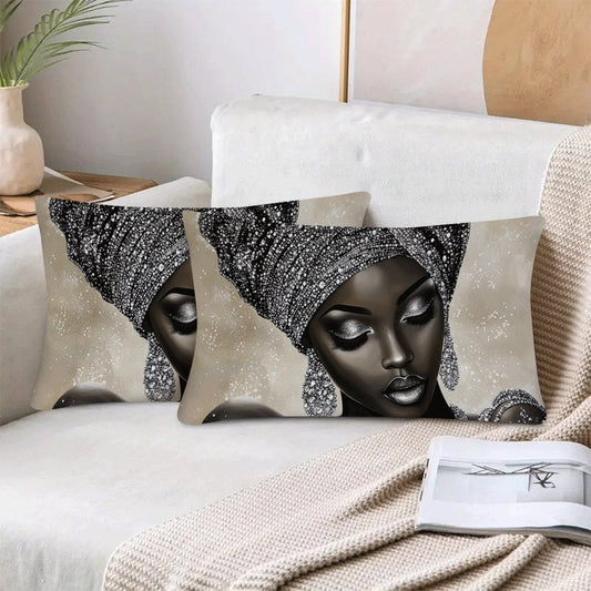 Two African Woman Themed Polyester Pillow Covers in Casual Style, Machine Washable with Zipper Closure. Space-Themed Decorative Cushion Cases designed for Back Sleepers, offering All-Season Comfort for ages 14 and up.