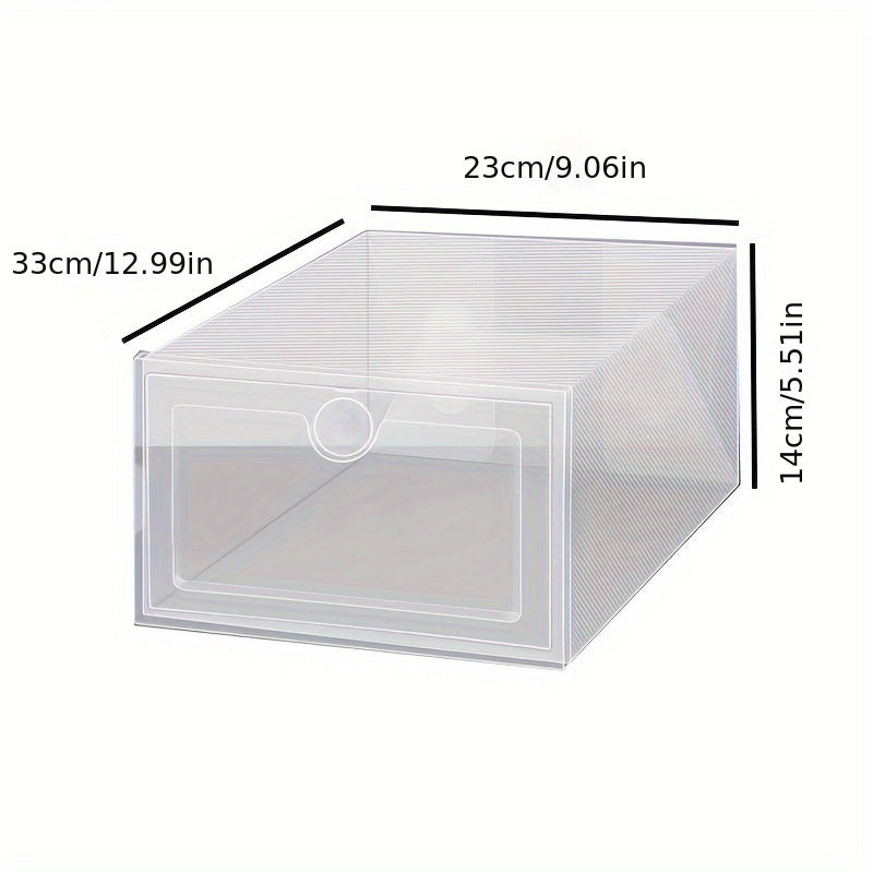 Transparent plastic shoe organizer boxes, set of 12 pieces. Waterproof and foldable design for simple assembly. Versatile storage solution for shoes and cosmetics, featuring flip-top lid. Ideal for use in home, bedroom, dorm rooms for organized shoe