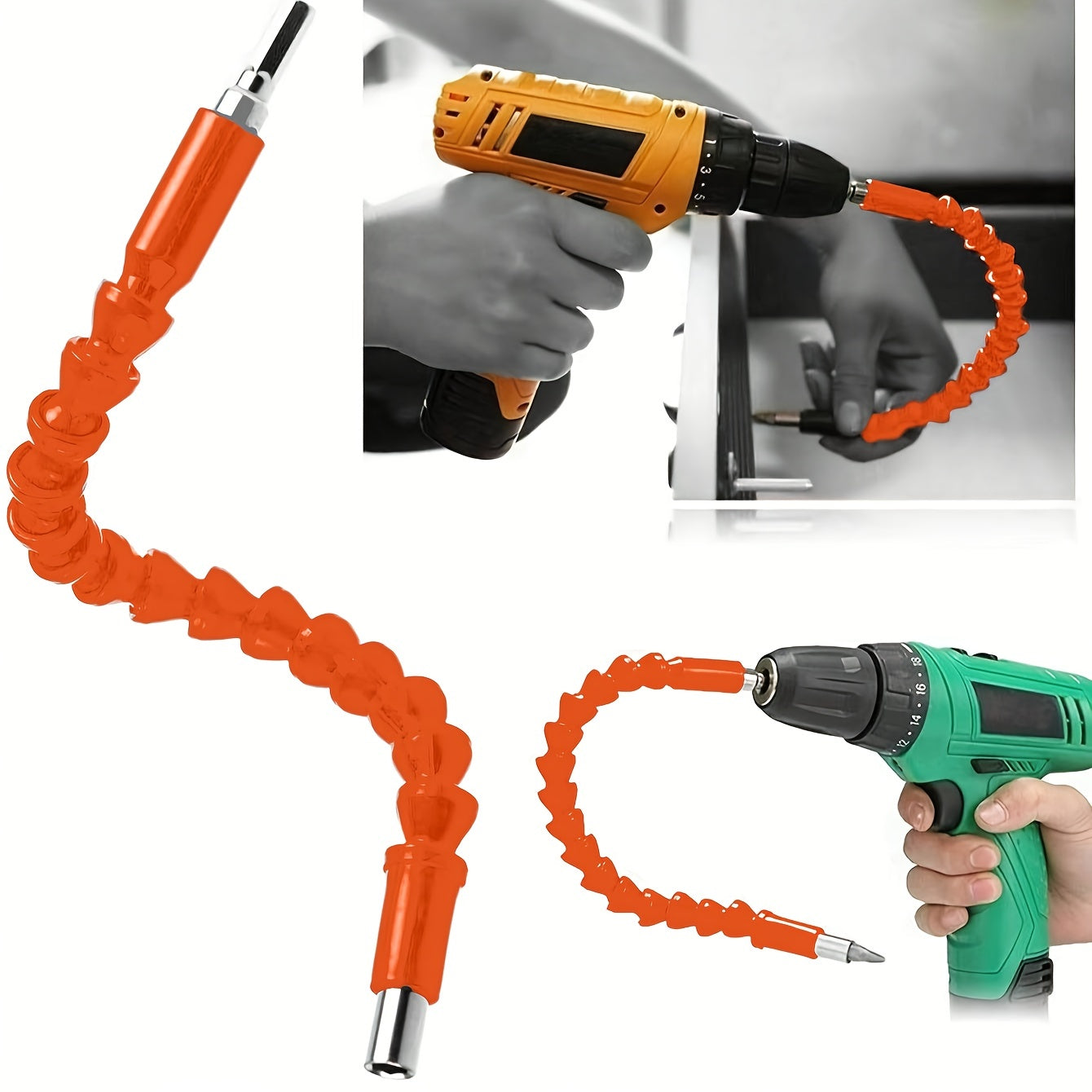 Electric drill universal joint in orange with a soft shaft for extension, suitable for electric screwdriver drill bits or hand drills for flexible drilling.