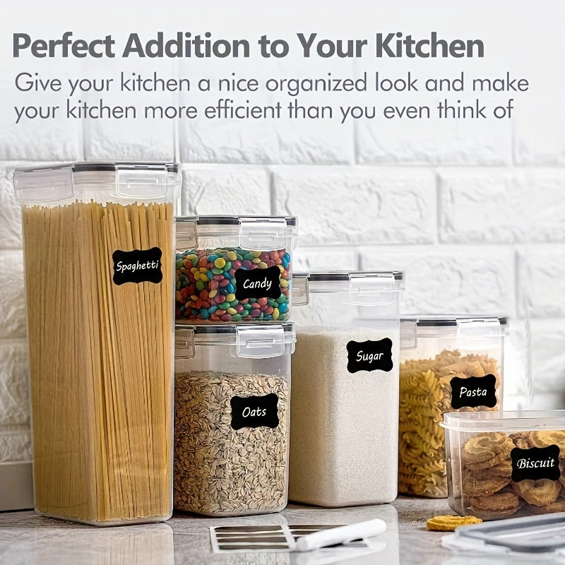 A set of 6 or 12 Airtight Food Storage Containers comes with Lids and Labels. These Plastic BPA Free Kitchen Storage Containers are perfect for storing Dry Food such as Flour, Sugar, Cereal, Pasta, Tea, Nuts, and Coffee Beans. They are ideal for keeping