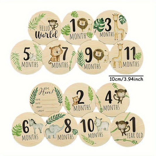 Set of 7 Wooden Milestone Cards with Cute Jungle Animal Designs, Perfect for Monthly Growth Milestone Recordings, Birth Celebrations, and Photo Shoot Props