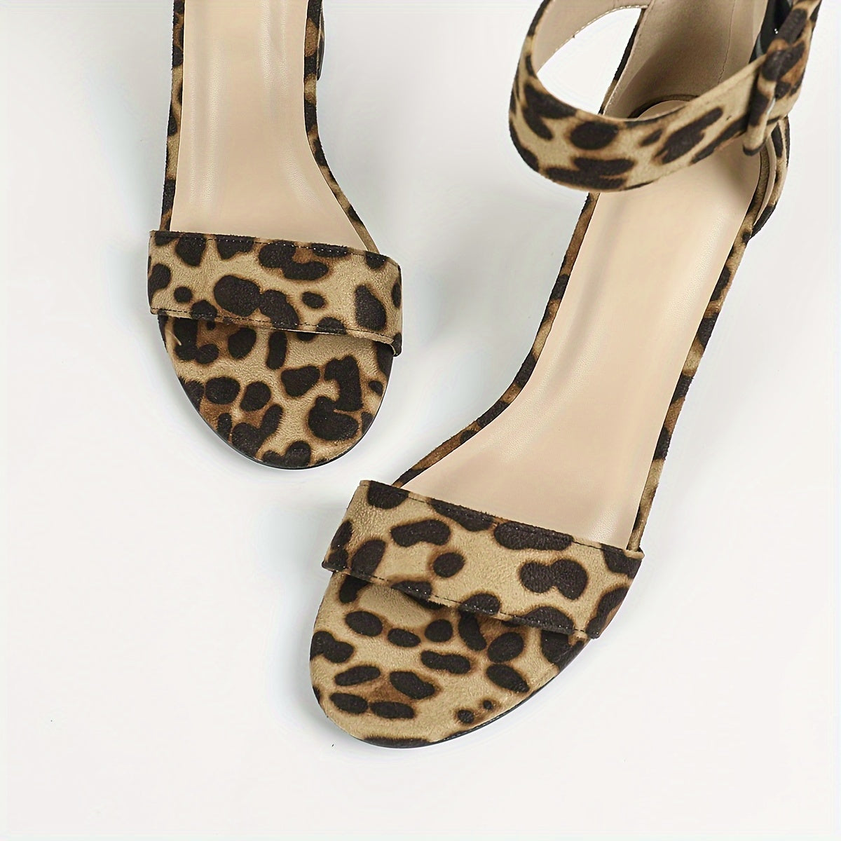 Leopard print sandals with ankle straps, chunky heels for walking, perfect for summer vacation.