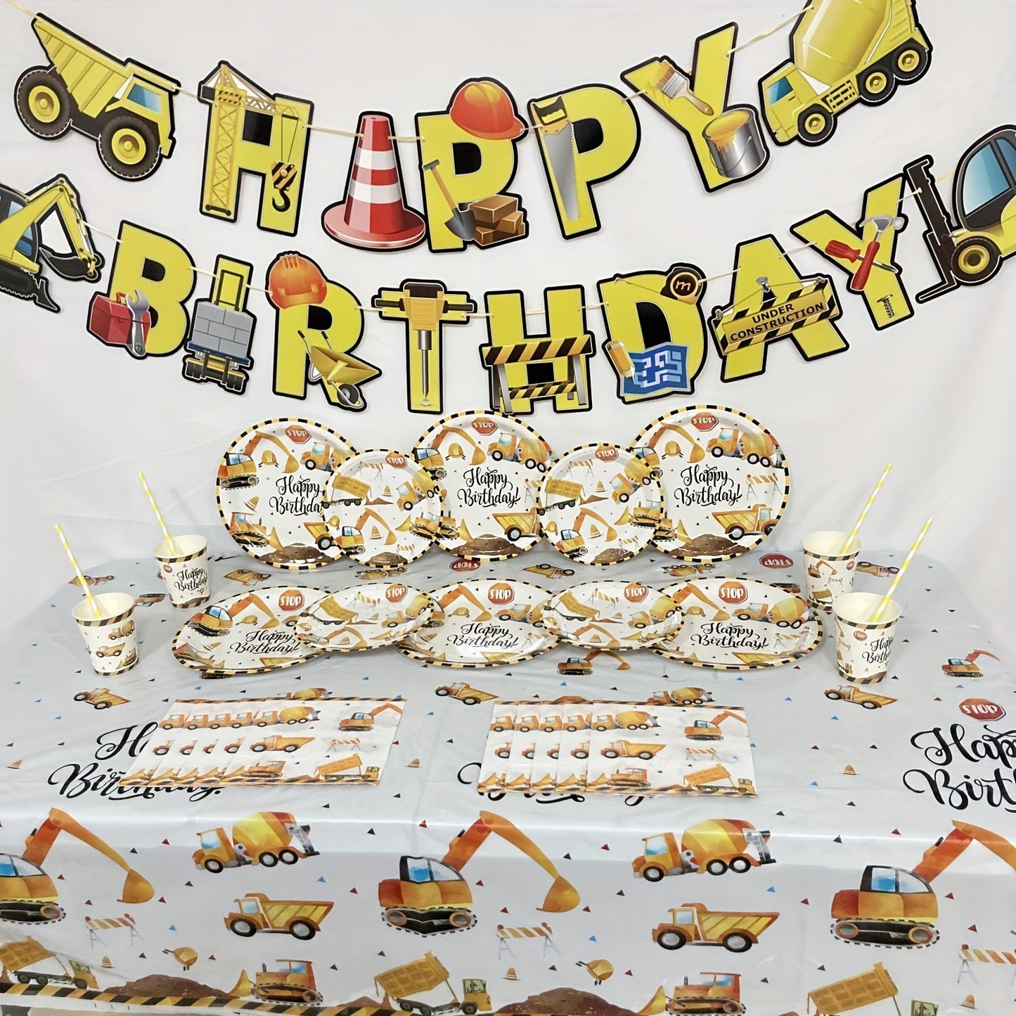 Excavator-Inspired Birthday Party Decor Set - Comes with Banner, Balloons, and More for Any Time of Year. Perfect for Excavator Themed Birthday Celebrations. Features Pull Flag and Balloon Ceremony.