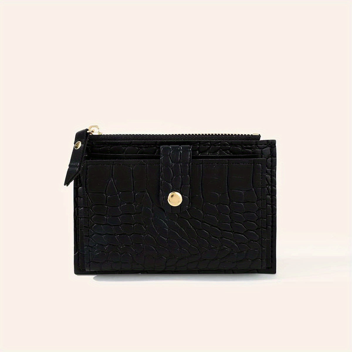 Slim short wallet for women with zipper closure, bifold design, credit card slots, coin purse, and solid color.