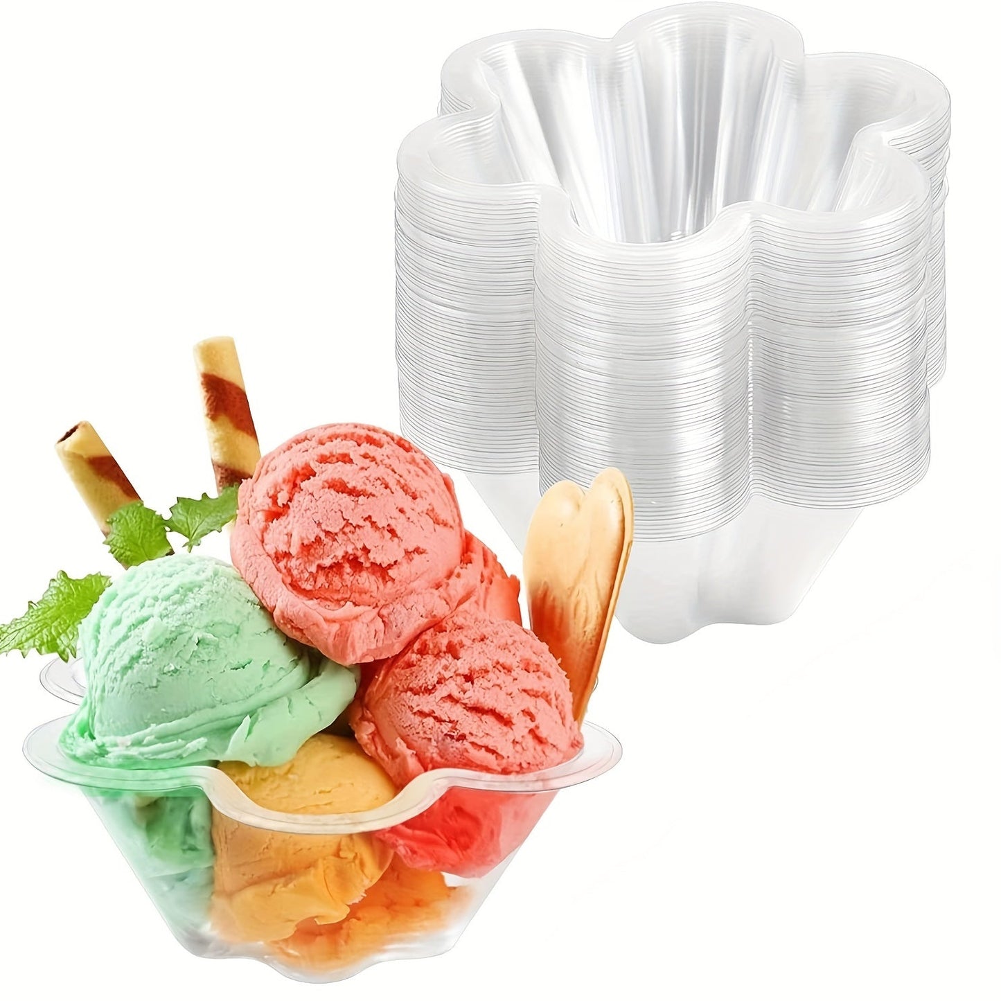 100 pieces of 8oz clear plastic ice cream cups - disposable bowls perfect for enjoying sundaes, yogurt, parfait, appetizers, fruit, and strawberry shortcake.