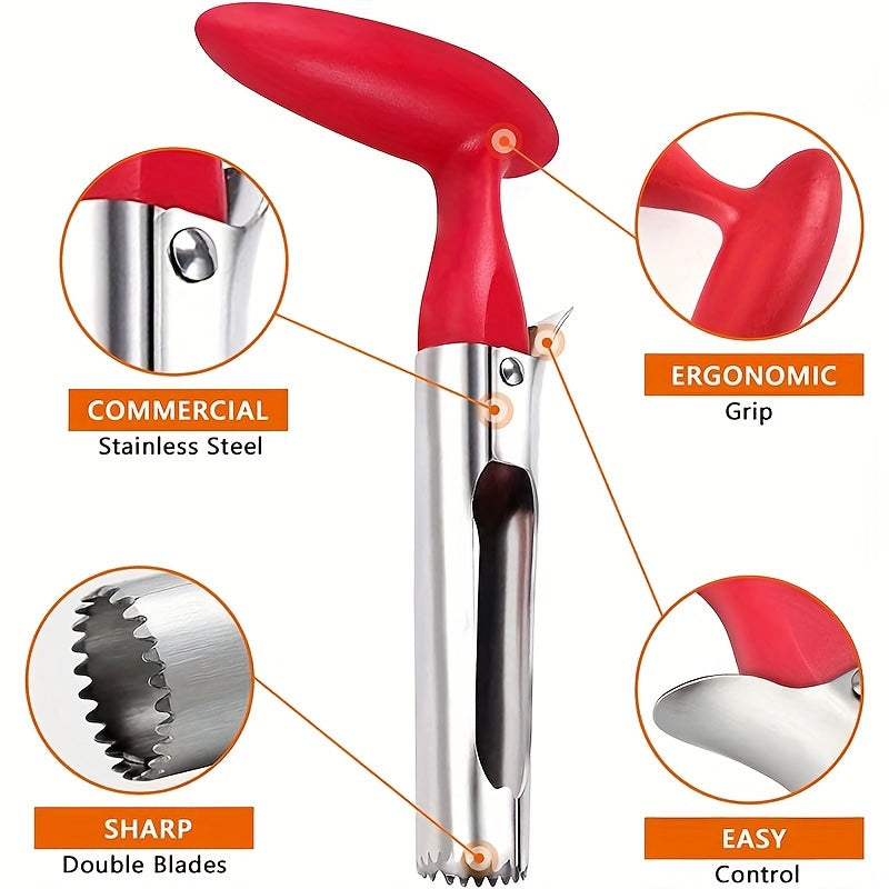 YUHUPHYLLIC Stainless Steel Apple Corer with ergonomic handle and sharp serrated blade for removing cores from various fruits. Manual operation, portable kitchen tool.