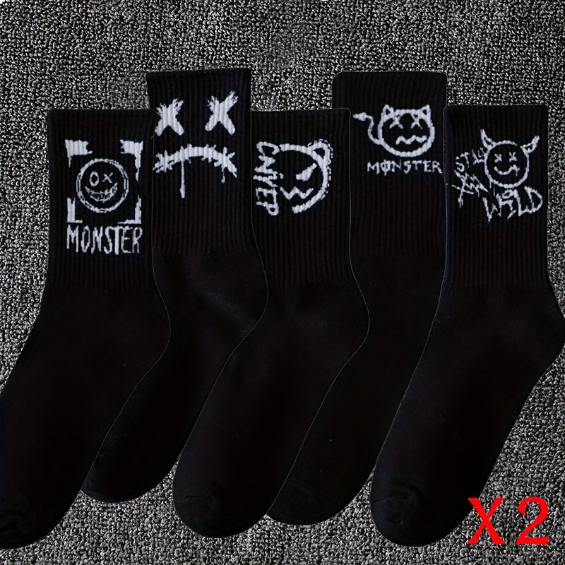 5 pairs of men's black and white graffiti pattern crew socks, comfortable and breathable, suitable for all seasons.