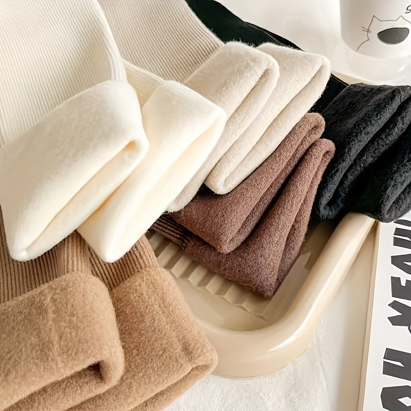 5 pairs of cozy mid-calf socks with thick fluffy vertical stripes for women in earthy tones.