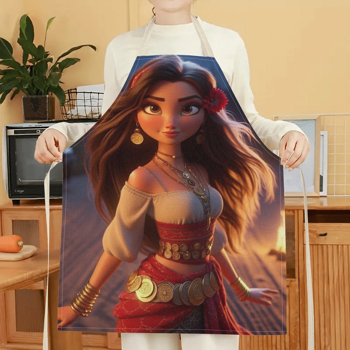 Waterproof apron featuring Disney's Elsa character, made from durable polyester with a vibrant floral pattern. Suitable for use in hotels, supermarkets, restaurants, fruit shops, milk tea stands, or at home.