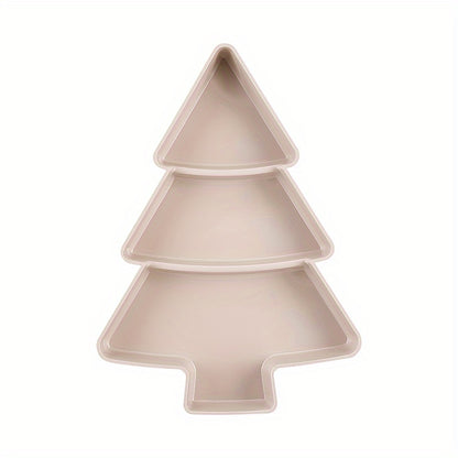 Christmas tree-shaped plastic tray for snacks, candy, fruit, and nuts. Perfect for parties, tea time, and gatherings. Ideal for office gift packaging. Made of durable plastic.