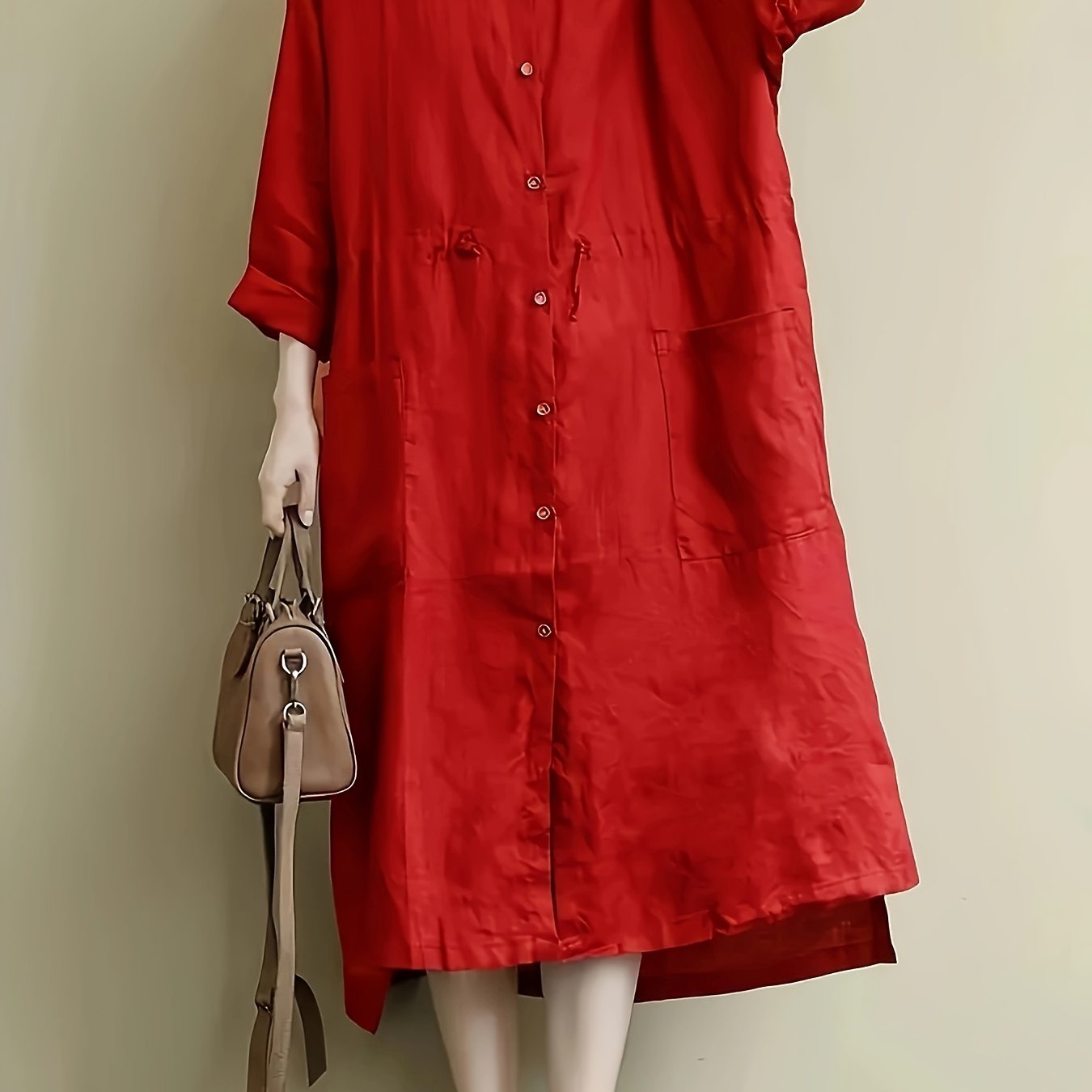 Plus Size Red Linen Shirt Dress for Women with Button Details