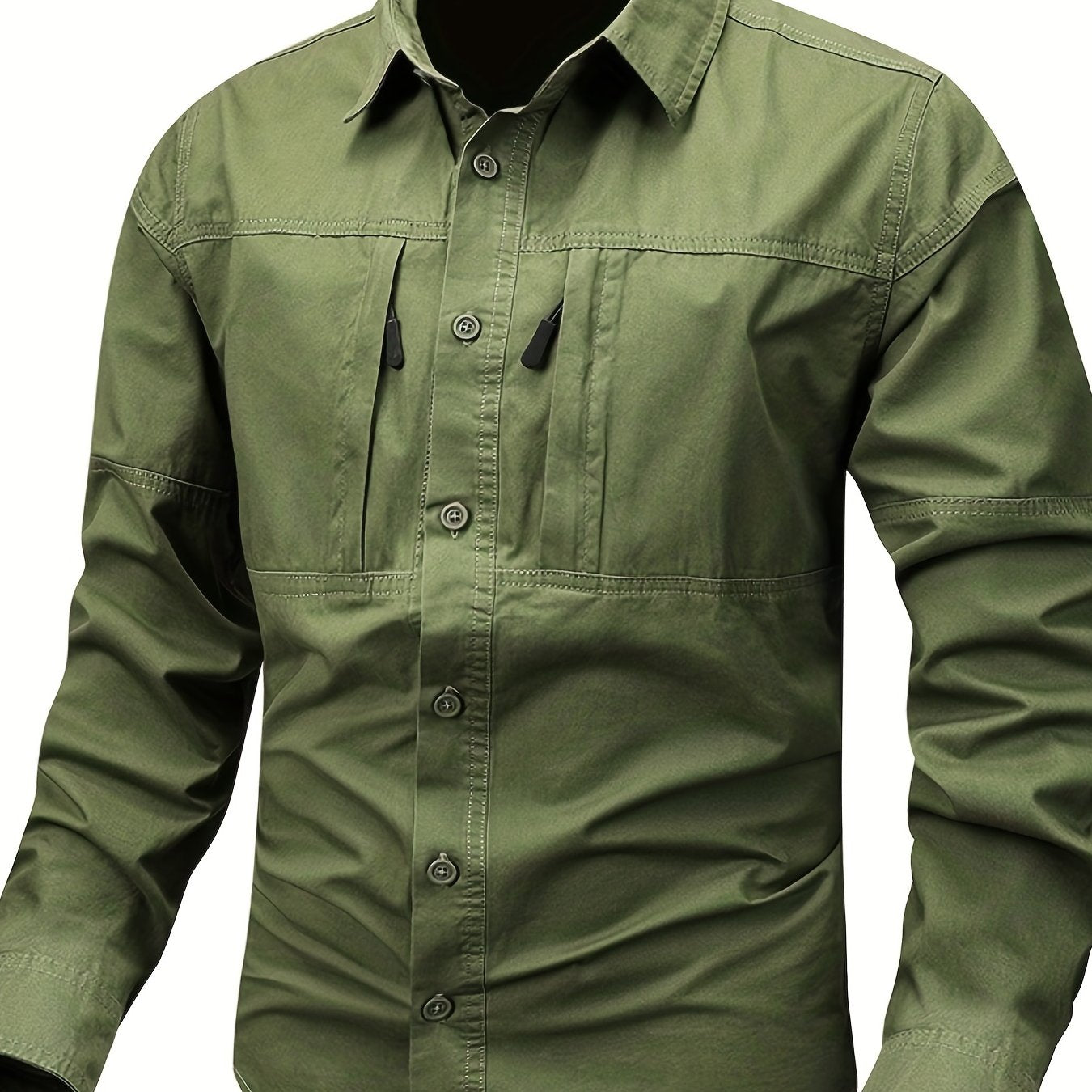 Men's cargo style shirt with unique zipper pocket design, perfect for spring and fall fashion trends.