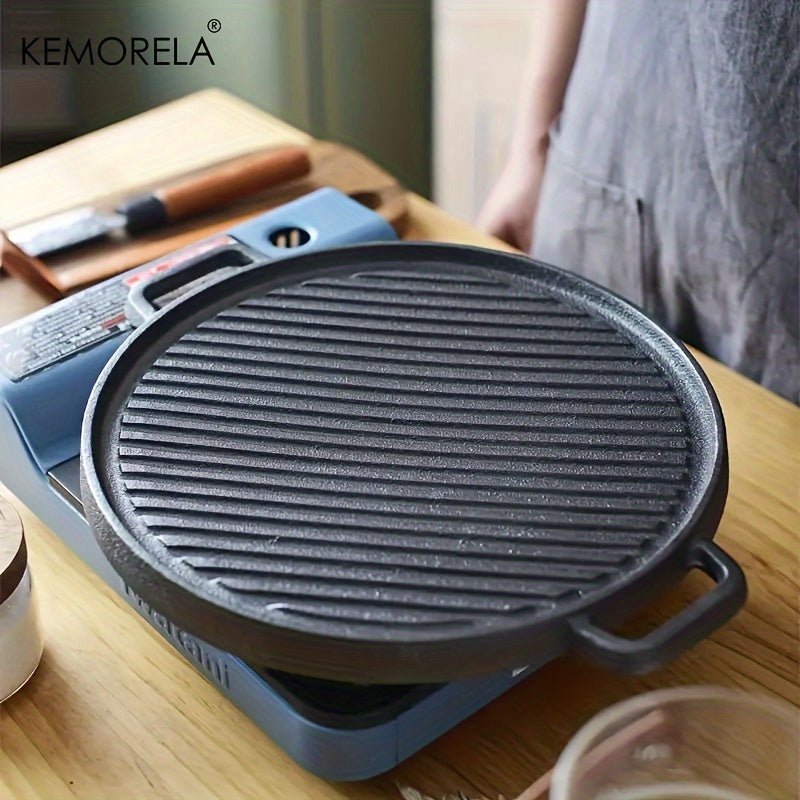 KEMORELA Non-Stick BBQ Grill Pan - Round Cast Iron Steak Plate for Indoor & Outdoor Cooking - Smokeless and Versatile Kitchen Tool