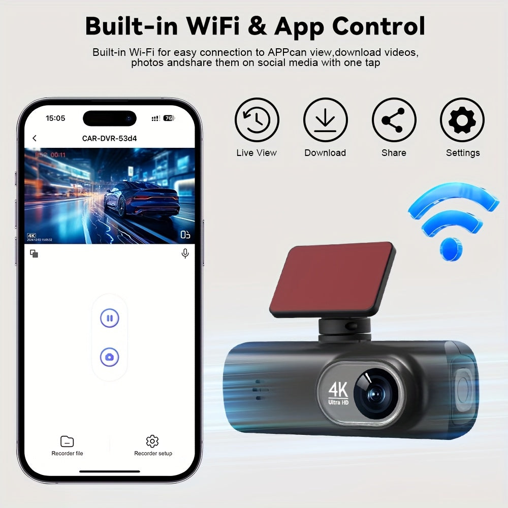 4K Ultra HD Dash Cam with front and rear view, includes 64GB card, built-in WiFi, 3.73cm IPS screen, night vision, wide angle, WDR, parking mode, smartphone app control, adhesive mount