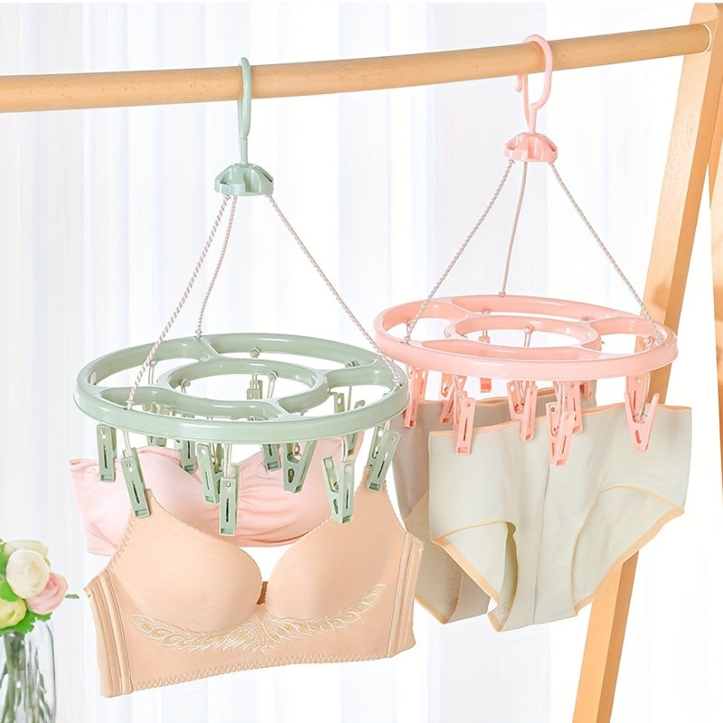 Get the 1pc12 Clip Round Drying Rack made of plastic. It can rotate 360 degrees, making it windproof. Hang your socks easily with this multifunctional rack that can also be used for infant and toddler clothes storage. The hook can also be used for