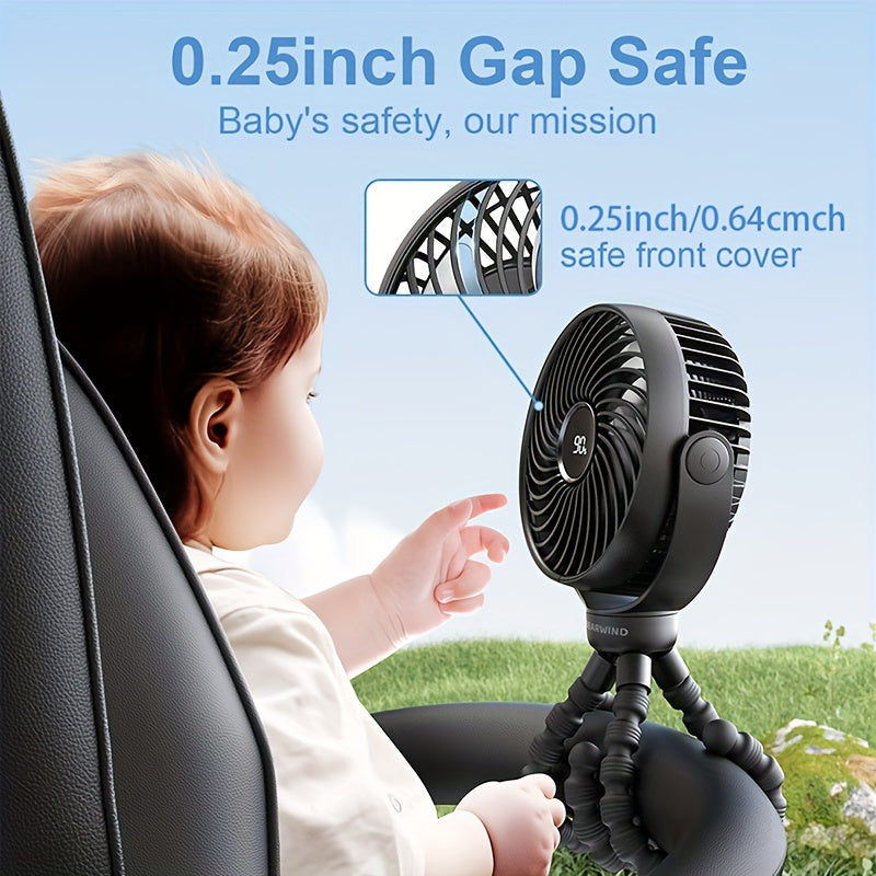 Travel stroller fan suitable for on-the-go use, featuring a LED night light. This fan is rechargeable with a 2200mAh battery, and is designed to be handheld and cordless. It also comes with a tripod stand and can easily clip onto car seats and trolleys.