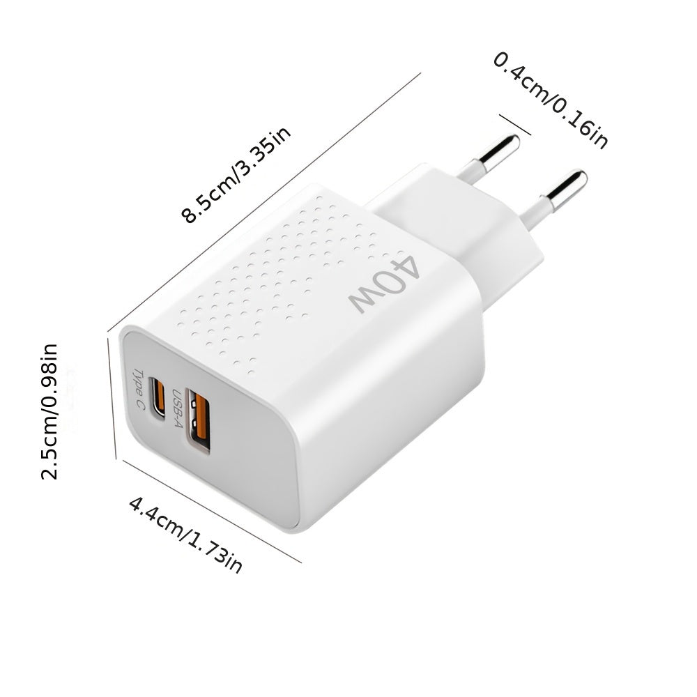 HengYe 40W Dual Port USB-C Wall Charger with fast charging for various devices - Type C plug, includes 100.58cm cable.