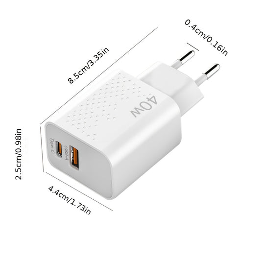 HengYe 40W Dual Port USB-C Wall Charger with fast charging for various devices - Type C plug, includes 100.58cm cable.