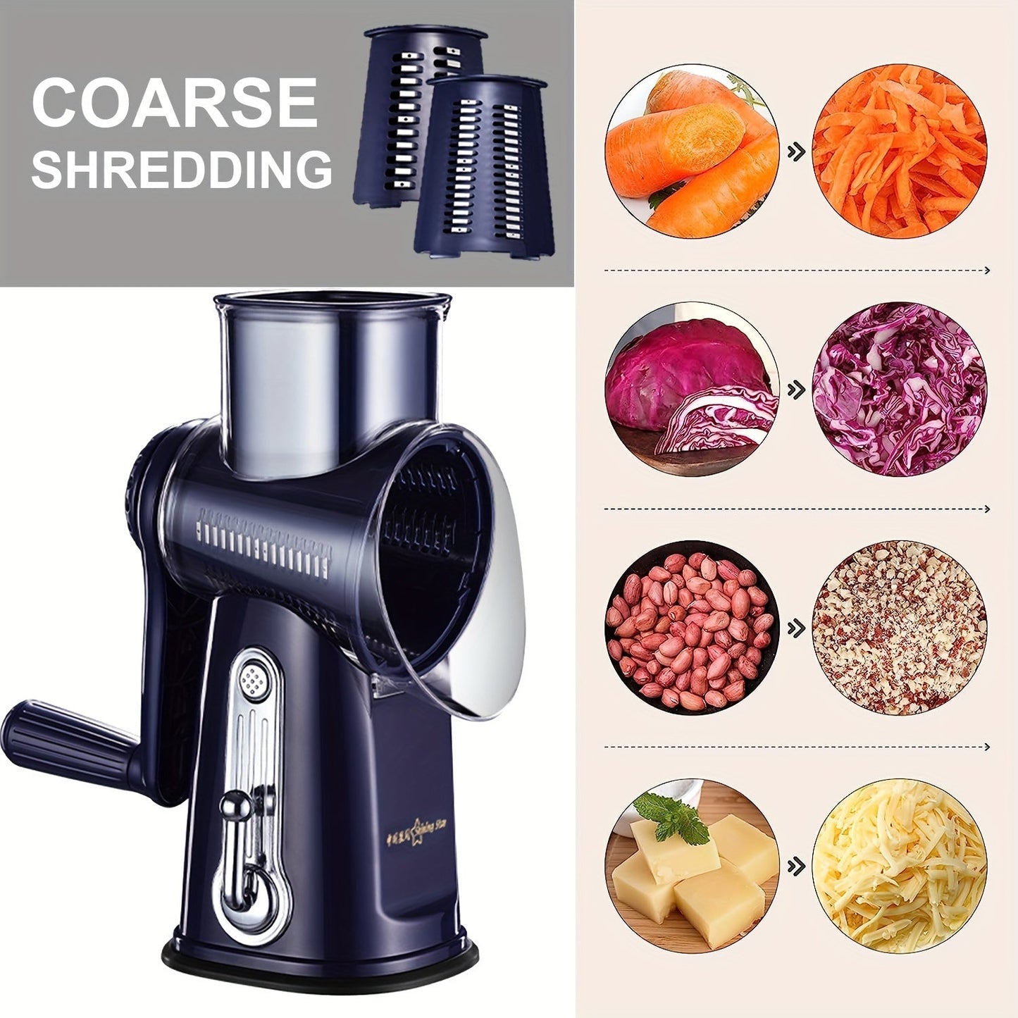 Get 5-in-1 functionality with this versatile kitchen tool - the Rotary Cheese Grater! This handy gadget not only shreds cheese but also works as a vegetable slicer, nuts grinder, and features a strong suction base for stability. The set includes 5