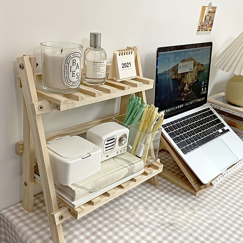 Wooden 2-tier shelf organizer for desks, perfect for storing stationary and decorating dorms, homes, schools, and offices.