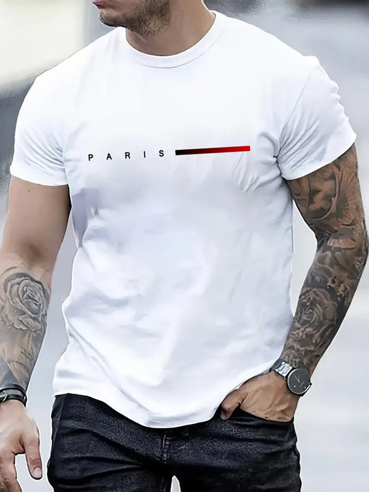 Men's Paris graphic tee made from soft polyester with red stripe detail. Suitable for gym, running, and spring/summer wear.