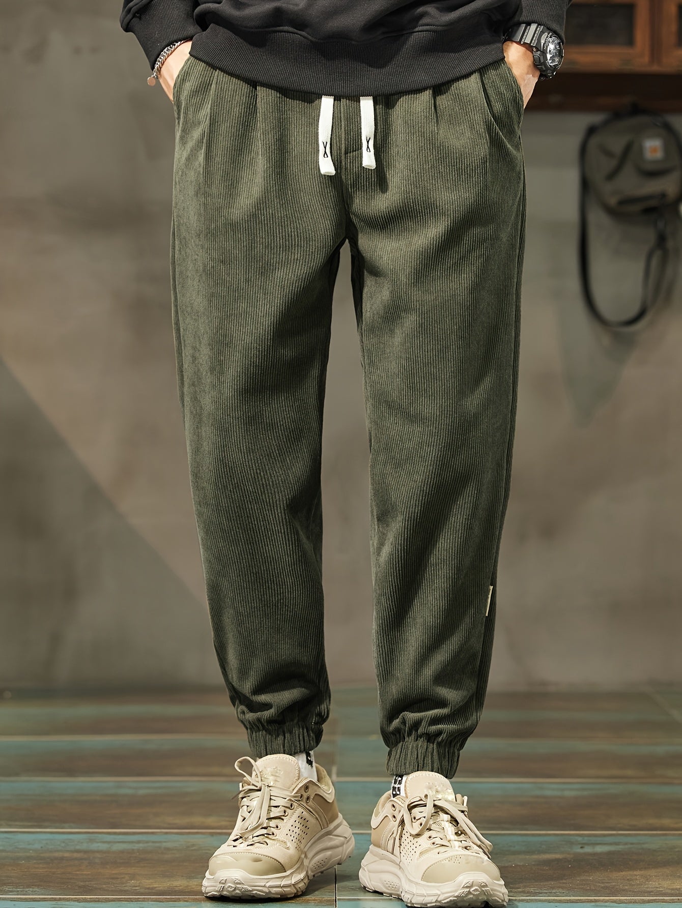 Men's Thick Corduroy Joggers - Loose fit with drawstring waist, cropped length, machine washable. Ideal for fall/winter fashion.