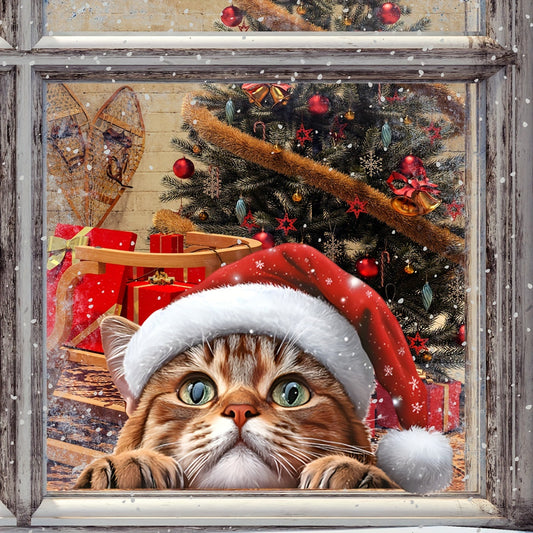 This double-sided static glass sticker features a cat wearing a Christmas hat, perfect for holiday decoration. The self-adhesive sticker is visible on both sides and can be easily applied to windows or glass surfaces. Add a festive touch to your home