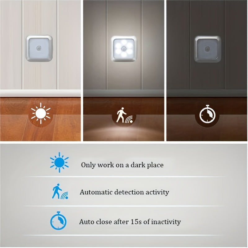 Motion sensor night light with 6 LED bulbs for indoor decoration, perfect for closets, cabinets, staircases, and bedrooms.