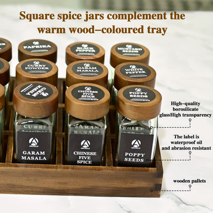 Elegant 24-Piece Sandalwood Spice Rack Set featuring Glass Jars and Lids, Drawer Storage, and Waterproof Labels for British Spices, Herbs, and Seasonings - Stylish and Practical Addition to Your Kitchen