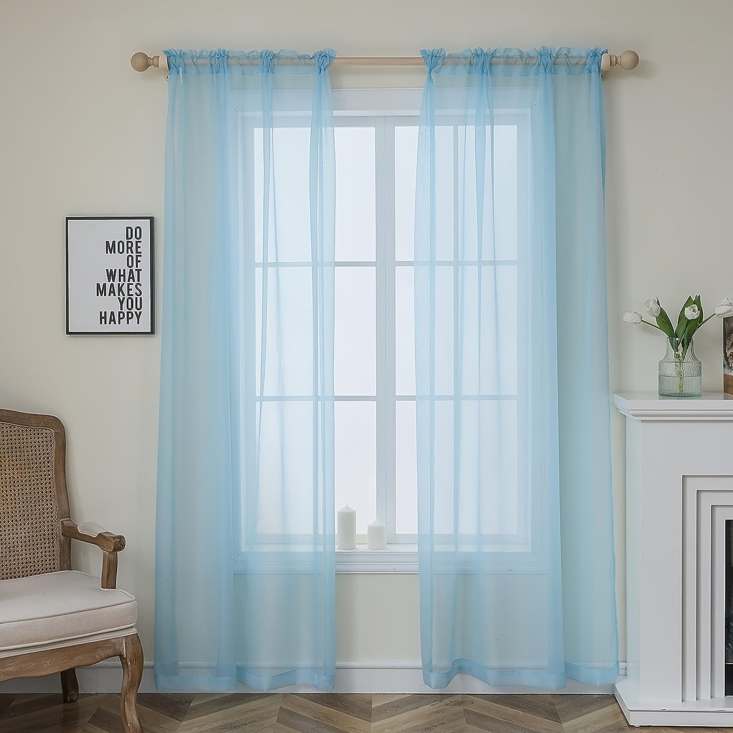 Two panels of sheer curtains with a basic rod pocket design, perfect for adding a touch of elegance to your bedroom, office, living room, yard, kitchen, or any other space in your home.