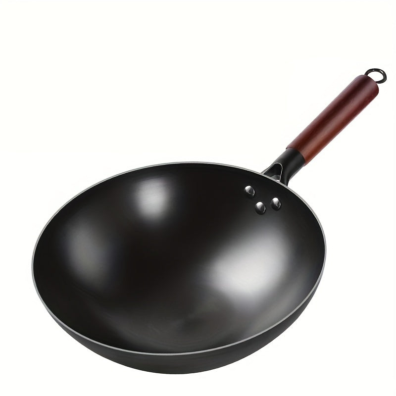 Non-Stick Iron Skillet with Rust-Resistant Round Bottom and Wooden Handle - Ideal for Home and Restaurant Use - Earless Design for Easy Handling - Made of Durable Cast Iron - Perfect for Frying