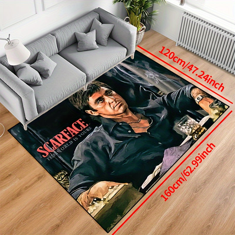 Non-slip machine washable polyester door mat carpet featuring a thick felt construction of 1000g per square meter. The mat measures 1pc in sizes ranging from 15x23 to 63x78 inches and showcases a design of a man sitting on a dark black background