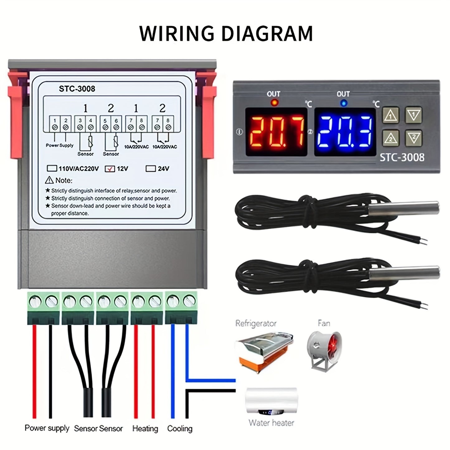 STC-3008 Smart Dual Control Temperature Controller with Digital Display - 110V/220V, Battery-free - Perfect for Aquariums