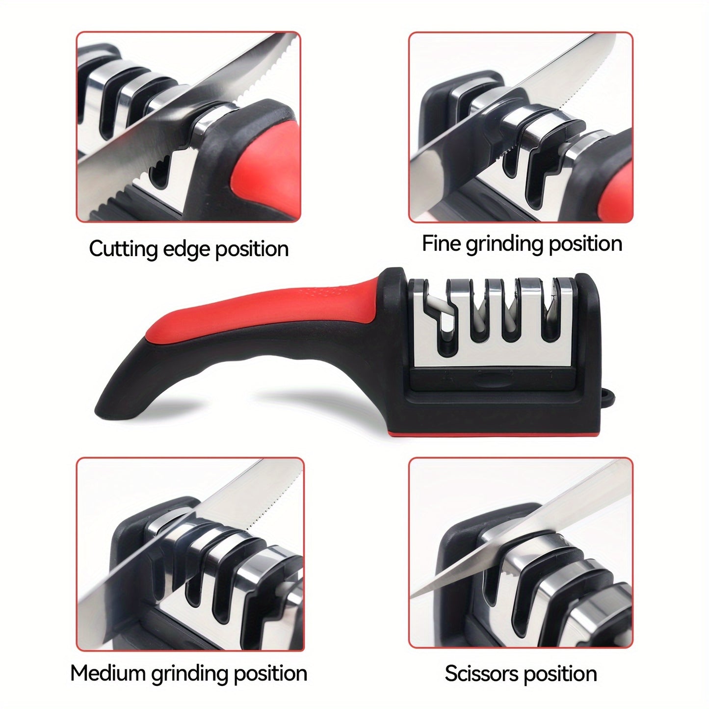 Professional 4-stage kitchen knife sharpener with tungsten, diamond, and ceramic stones.