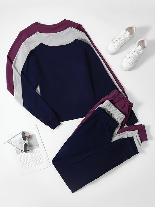 Women's 3-piece lounge set with long sleeve top and jogger pants for a comfortable and relaxed fit in fall.