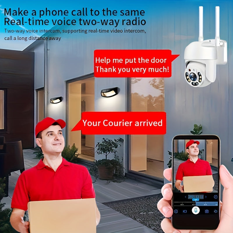 Outdoor Wifi CCTV camera with automatic tracking, full-color day and night monitoring, AI motion detection, two-way voice intercom, and 360-degree panoramic view.