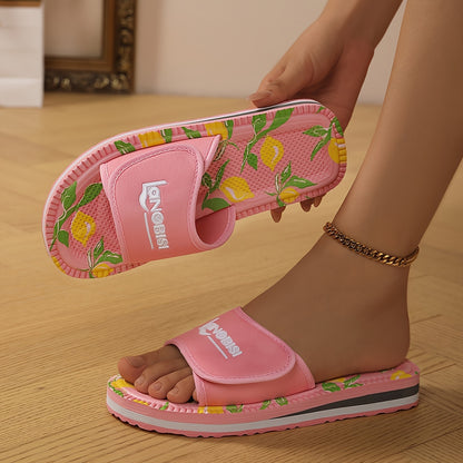 Women's casual summer sandals with fabric upper, EVA sole, hook-and-loop closure, and hand washable design.