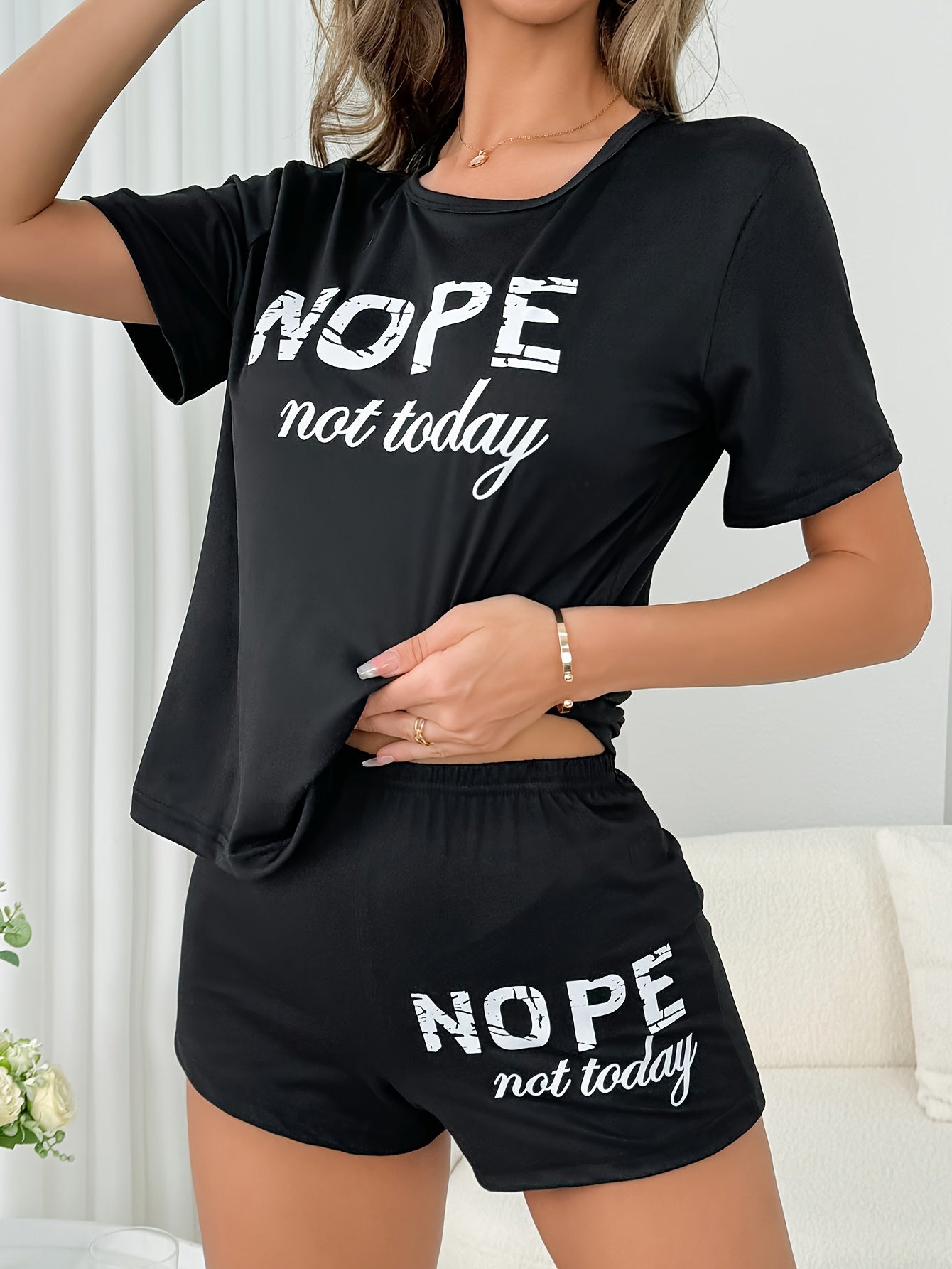 Women's casual pajama set with "NOPE not today" print, including short sleeve t-shirt and shorts. Comfortable loungewear for sleeping or lounging.