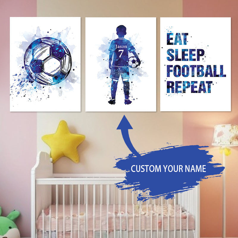 Custom Name Soccer & Football Player Canvas Wall Art Set - 3 Pieces for Kids' Room, Nursery, or Dining Decor - Field Dreams Theme, Frameless Posters