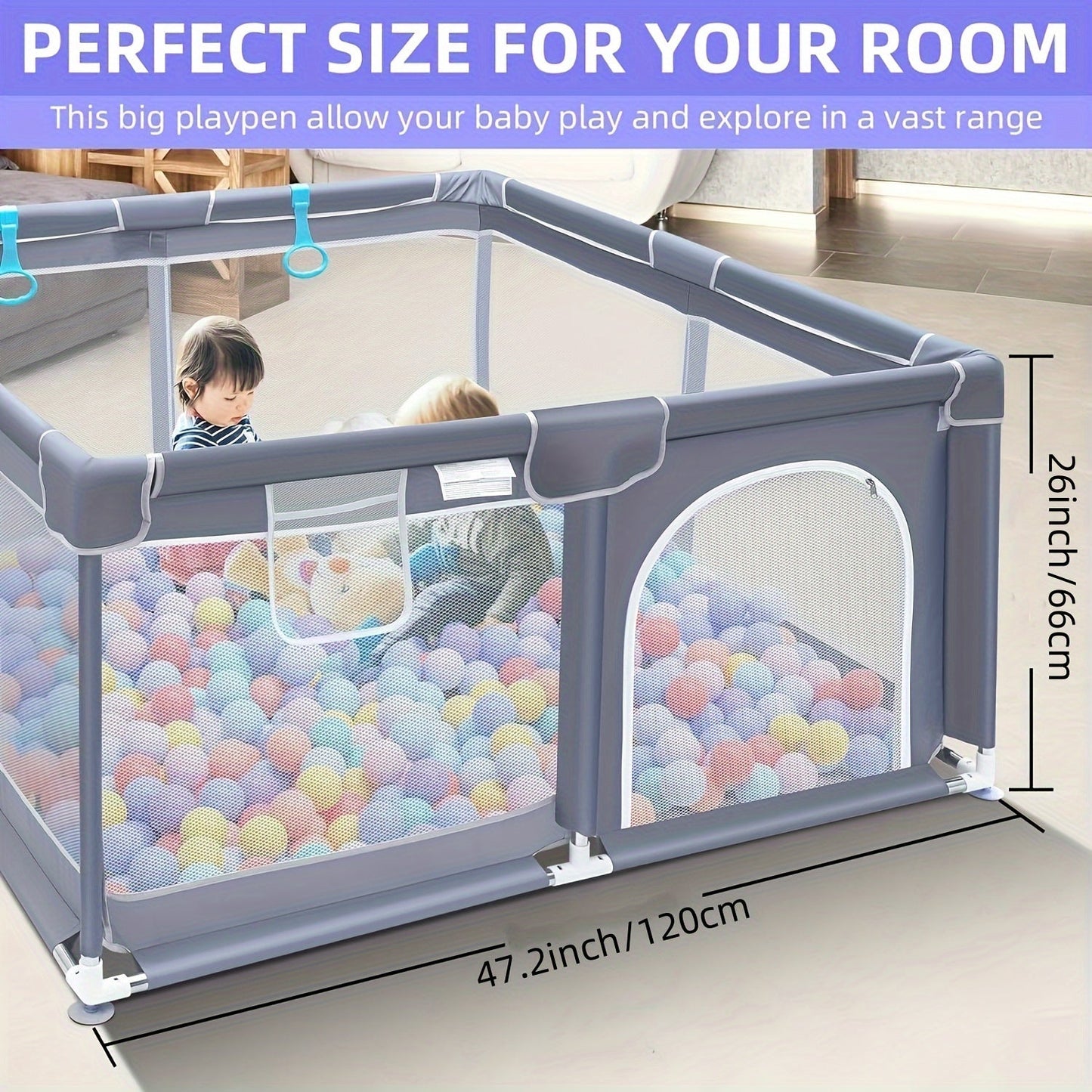 Large 119.89cm Playpen for Kids with Safety Guardrail - Strong and Easy to Clean Polyester, Suitable for Indoor and Outdoor Use, Sturdy Steel Frame, Door with Zipper - Ideal for Children's Playtime and Fun, Playpen for Kids