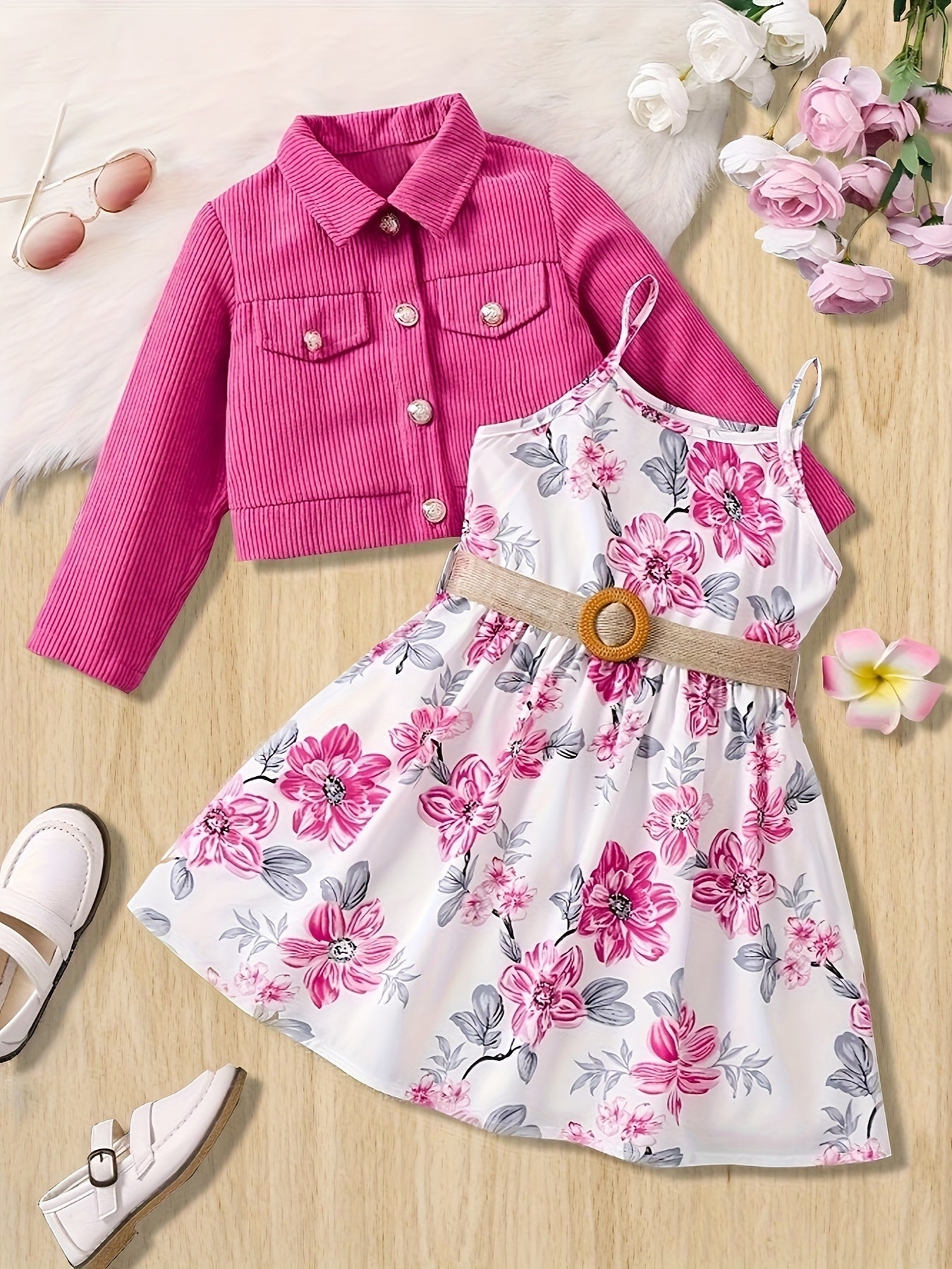 2PCS Girl's Stylish & Trendy Casual Outfit: Ribbed Corduroy Jacket, Floral Cami Dress, and Belt for Outdoor Spring & Fall Party.