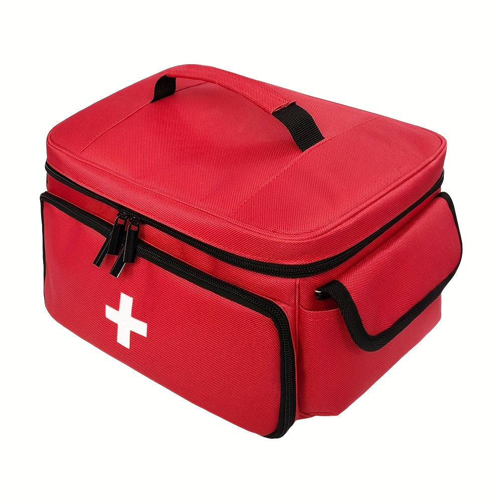 Durable PU medicine storage bag with multiple compartments for home and emergency needs. Non-food safe. Available in red, black, and grey for first aid use.