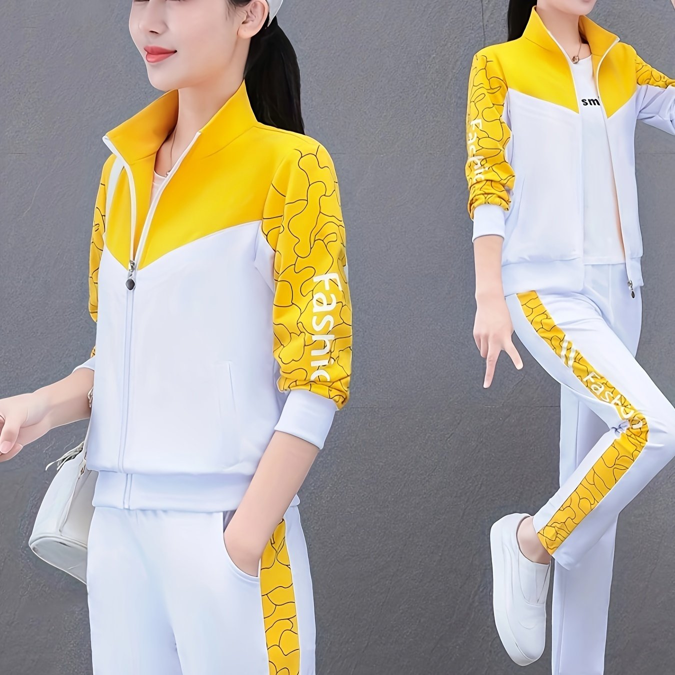 Women's two-piece cardigan jacket sports suit for spring and autumn with long sleeve trousers for casual outdoor wear.