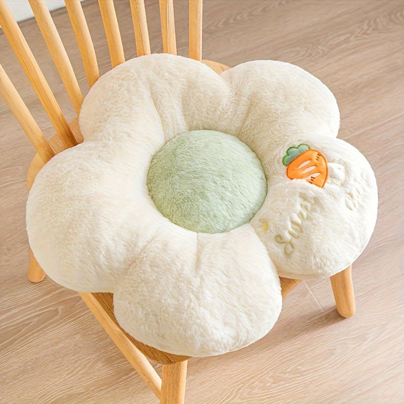 Plush polyester seat cushion with fruit and flower theme. Round and machine washable. Provides full-body support for long periods of sitting. Ideal for car, chair, sofa. Perfect gift for