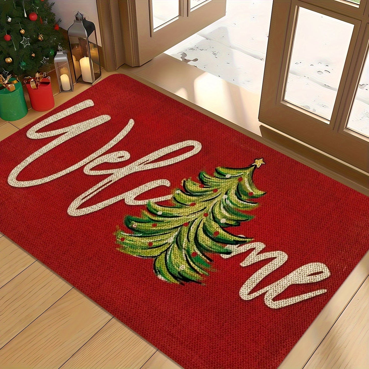 Get into the holiday spirit with our Christmas-themed doormat! Made from red polyester knit fabric, this machine-washable mat is non-slip, stain-resistant, and features medium pile with floral and striped patterns. It is quick-drying, waterproof