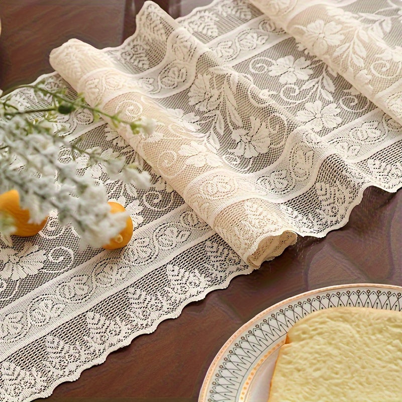 Long boho-chic lace table runner in farmhouse style, ideal for dining and bedroom decor, made of polyester blend.