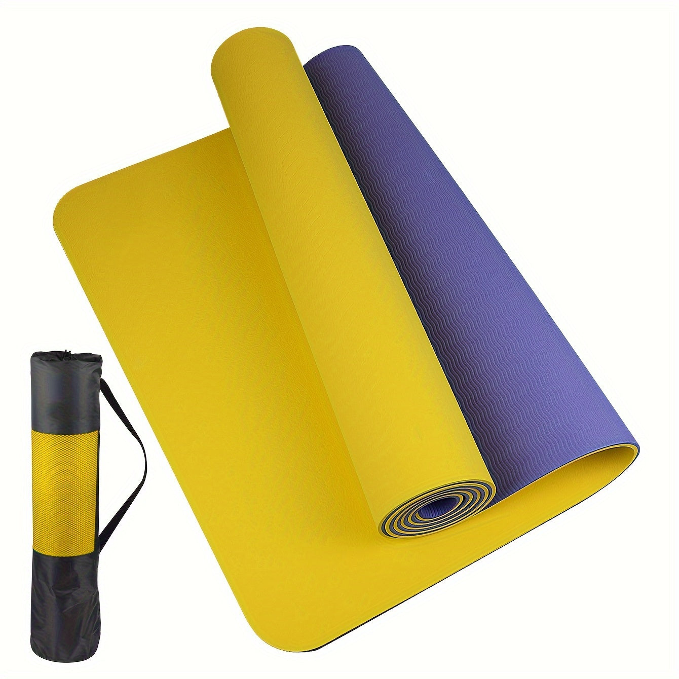 Non-slip yoga mat with textured surface and strap for yoga, pilates, and fitness workouts.